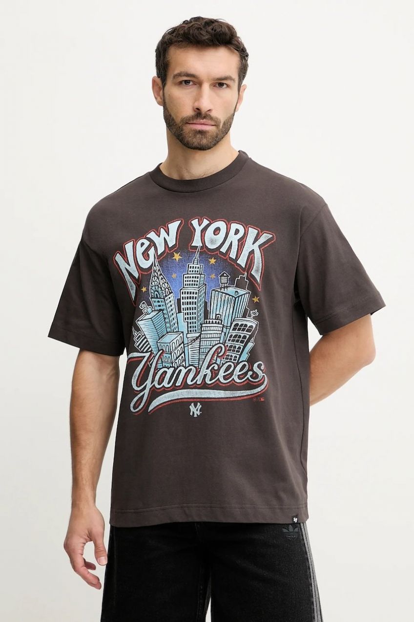 Bavlnené tričko 47 brand MLB New York Yankees pánske, hnedá farba, s potlačou, BB017TMKBRU643616C9