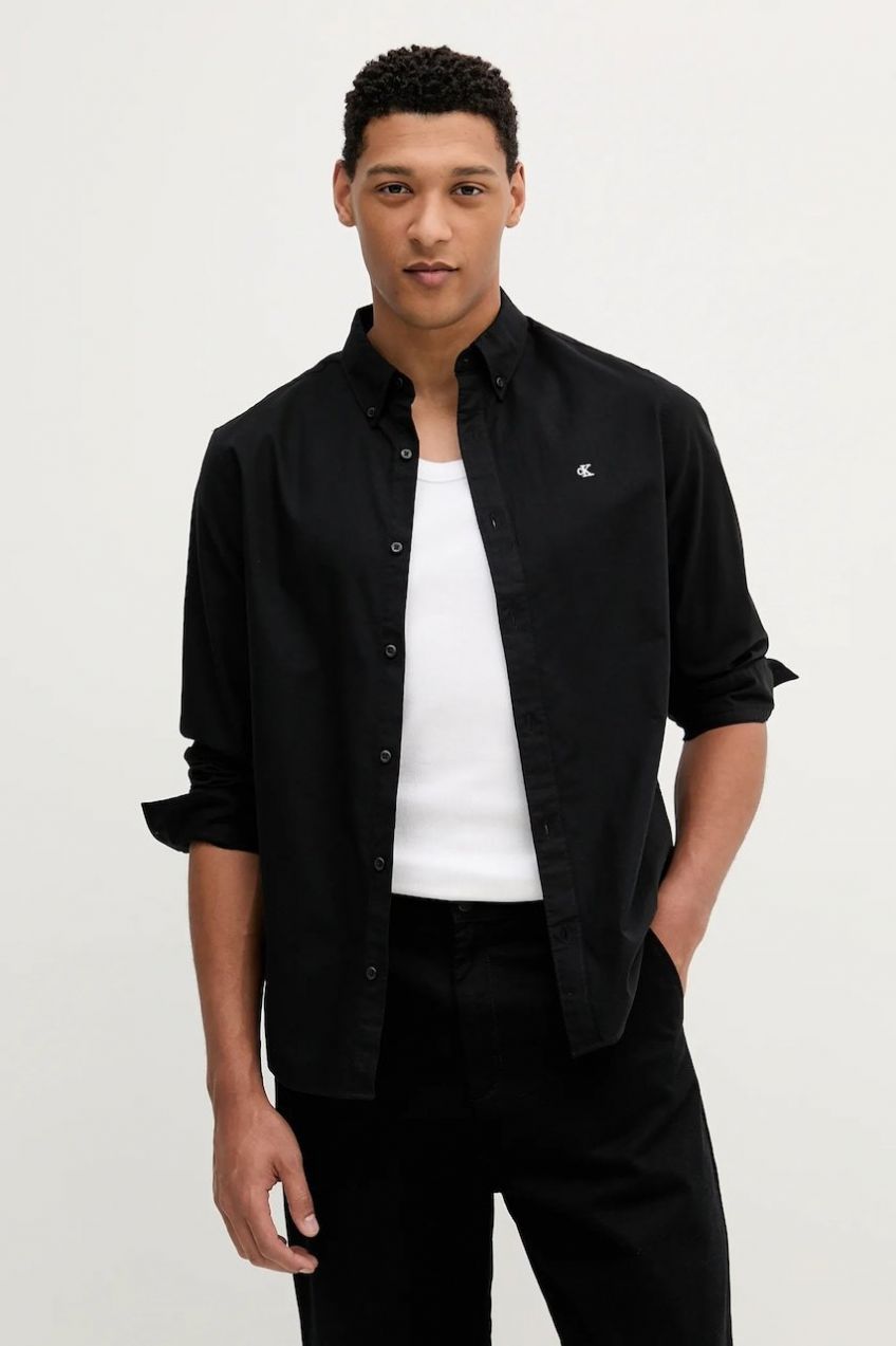 Košeľa Calvin Klein Jeans čierna farba, regular, s golierom button-down, LV140EM125