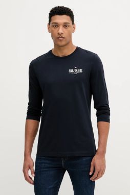 Bavlnené tričko s dlhým rukávom Tommy Hilfiger tmavomodrá farba, s potlačou, MW0MW41293