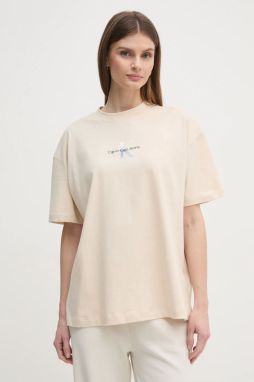 Bavlnené tričko Calvin Klein Jeans dámske, béžová farba, J20J225521