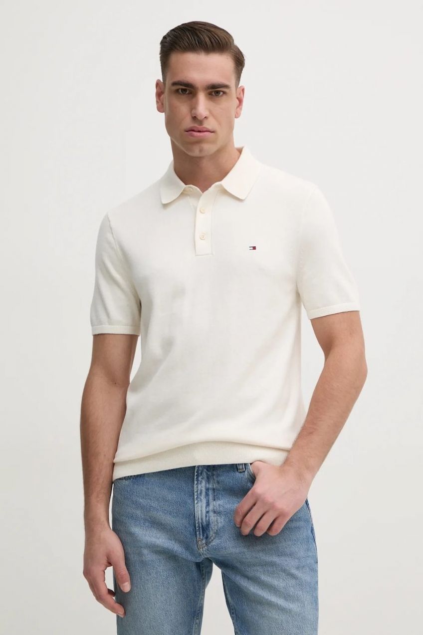 Bavlnené polo tričko Tommy Hilfiger pánske, béžová farba, vzorované, MW0MW37396