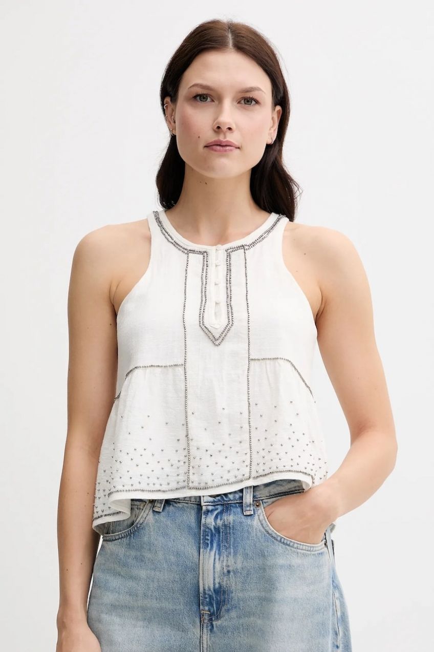 Bavlnená blúzka Pepe Jeans béžová farba, s nášivkou, PL305102