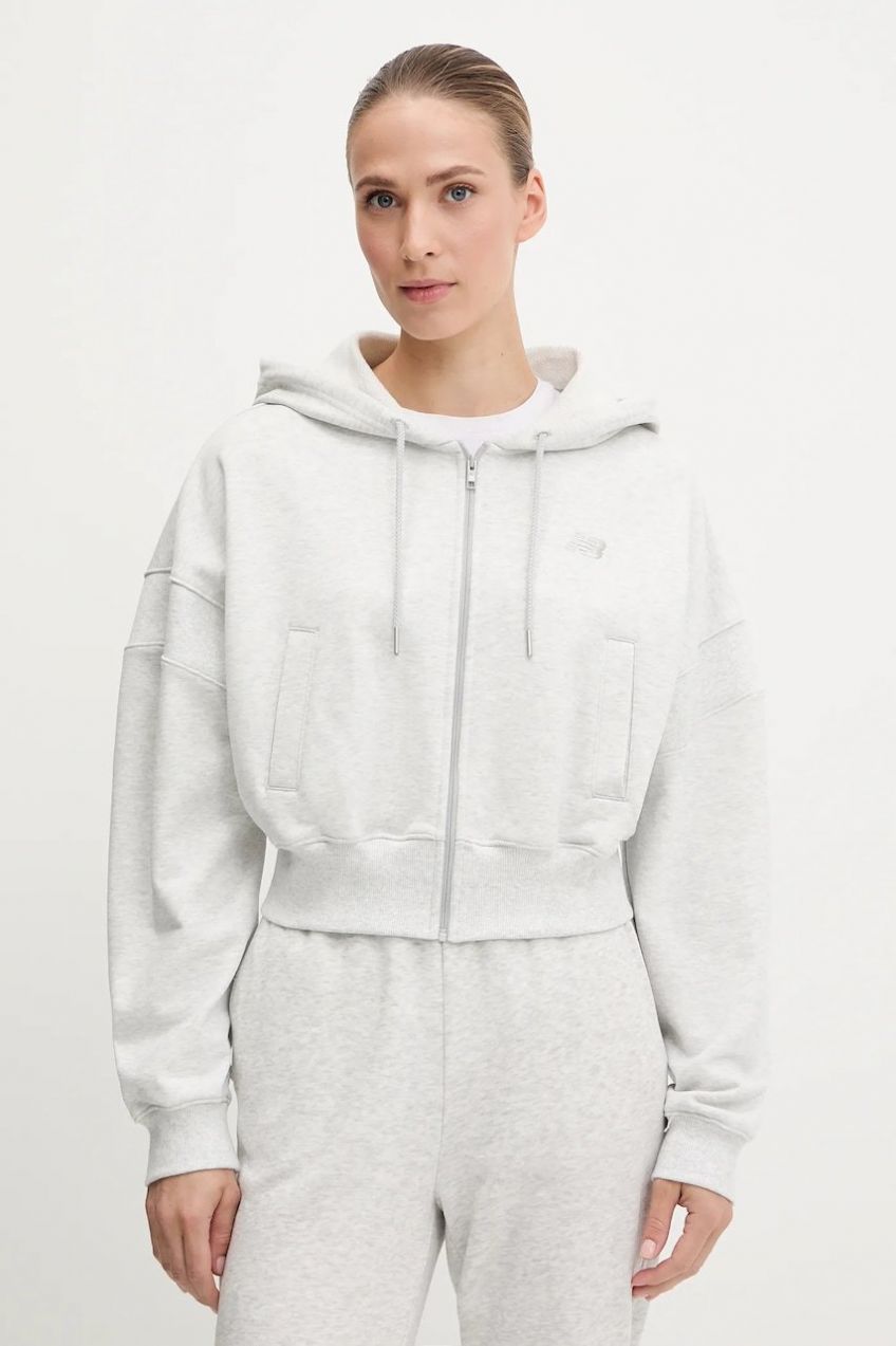 Bavlnená mikina New Balance šedá farba, s kapucňou, jednofarebná, WJ51506AHH