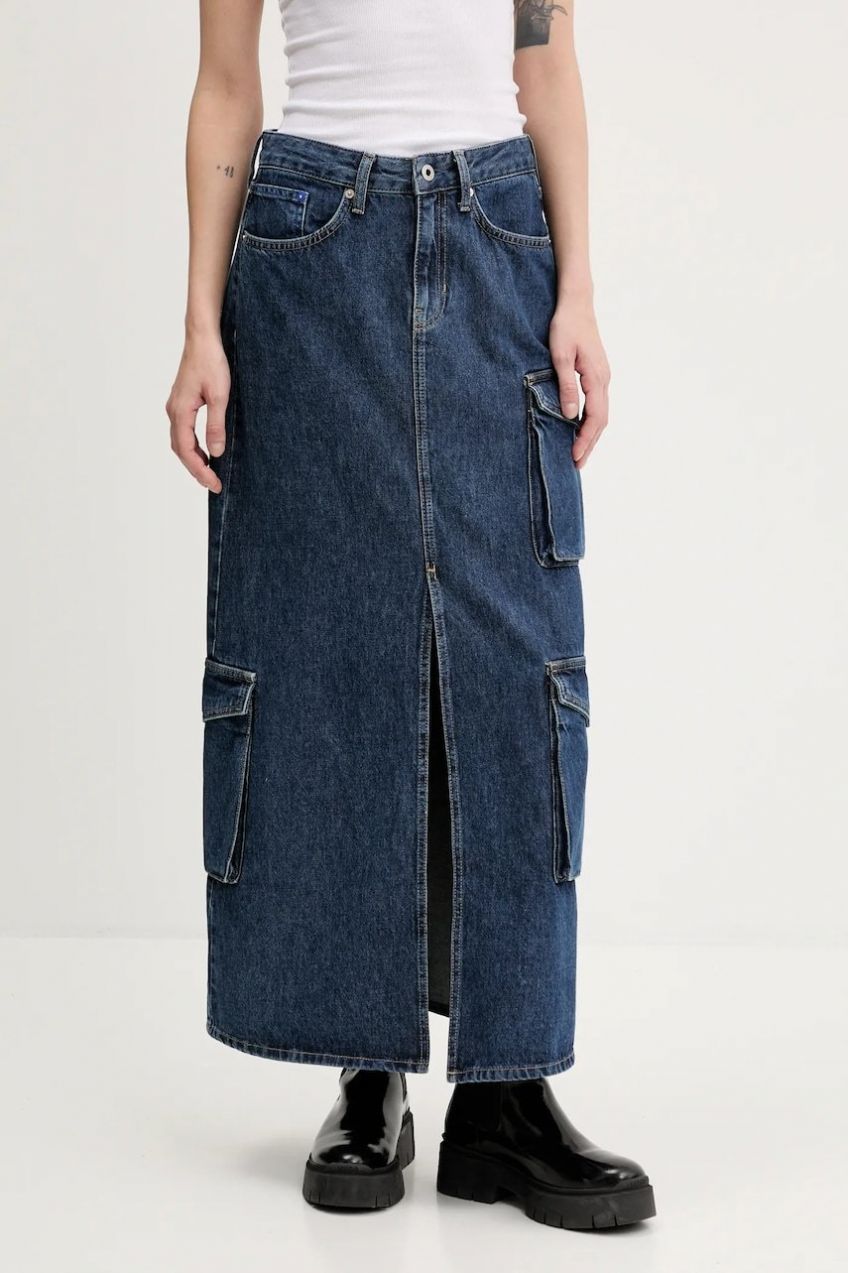 Rifľová sukňa Karl Lagerfeld Jeans tmavomodrá farba, maxi, rovný strih, A3W12011