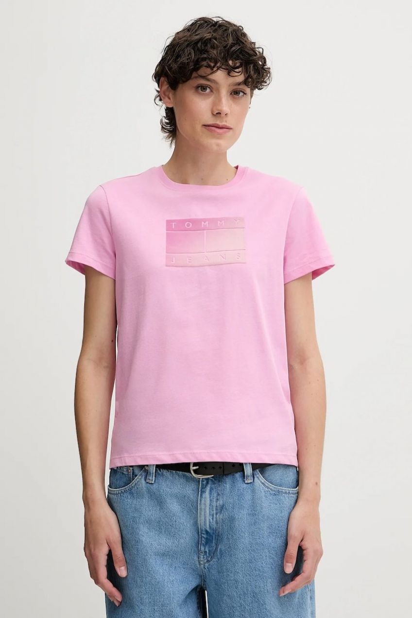Bavlnené tričko Tommy Jeans dámske, ružová farba, DW0DW20905