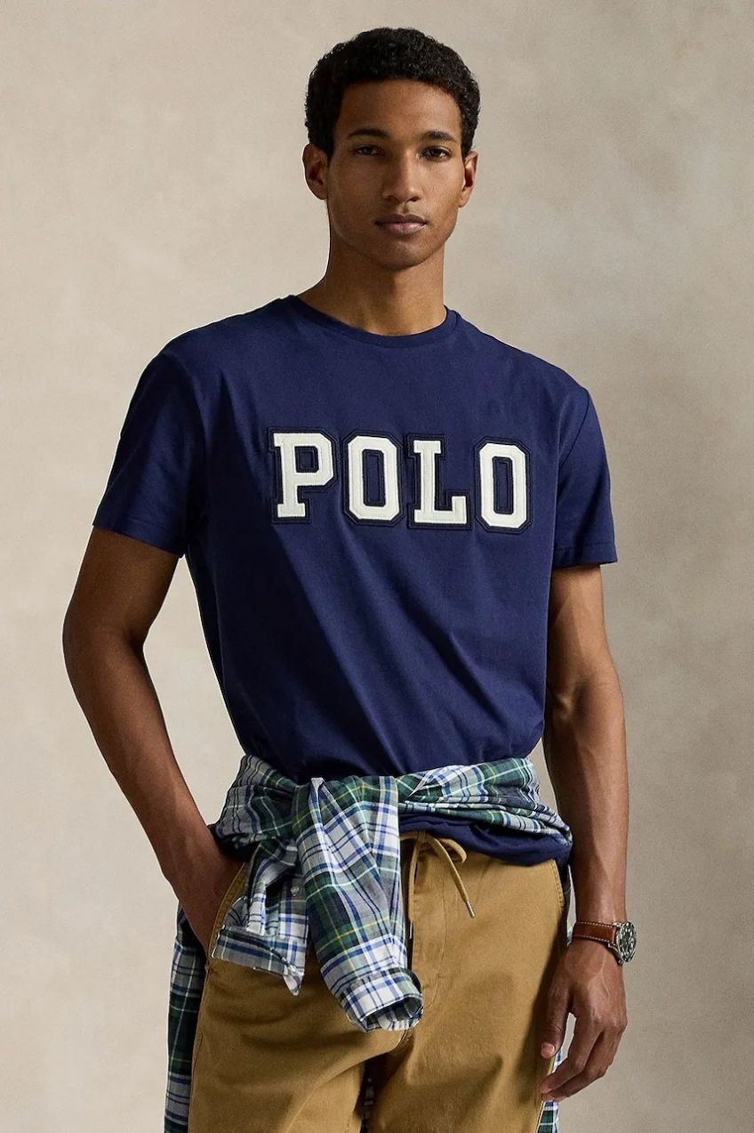Bavlnené tričko Polo Ralph Lauren pánske, tmavomodrá farba, s potlačou, 710972663