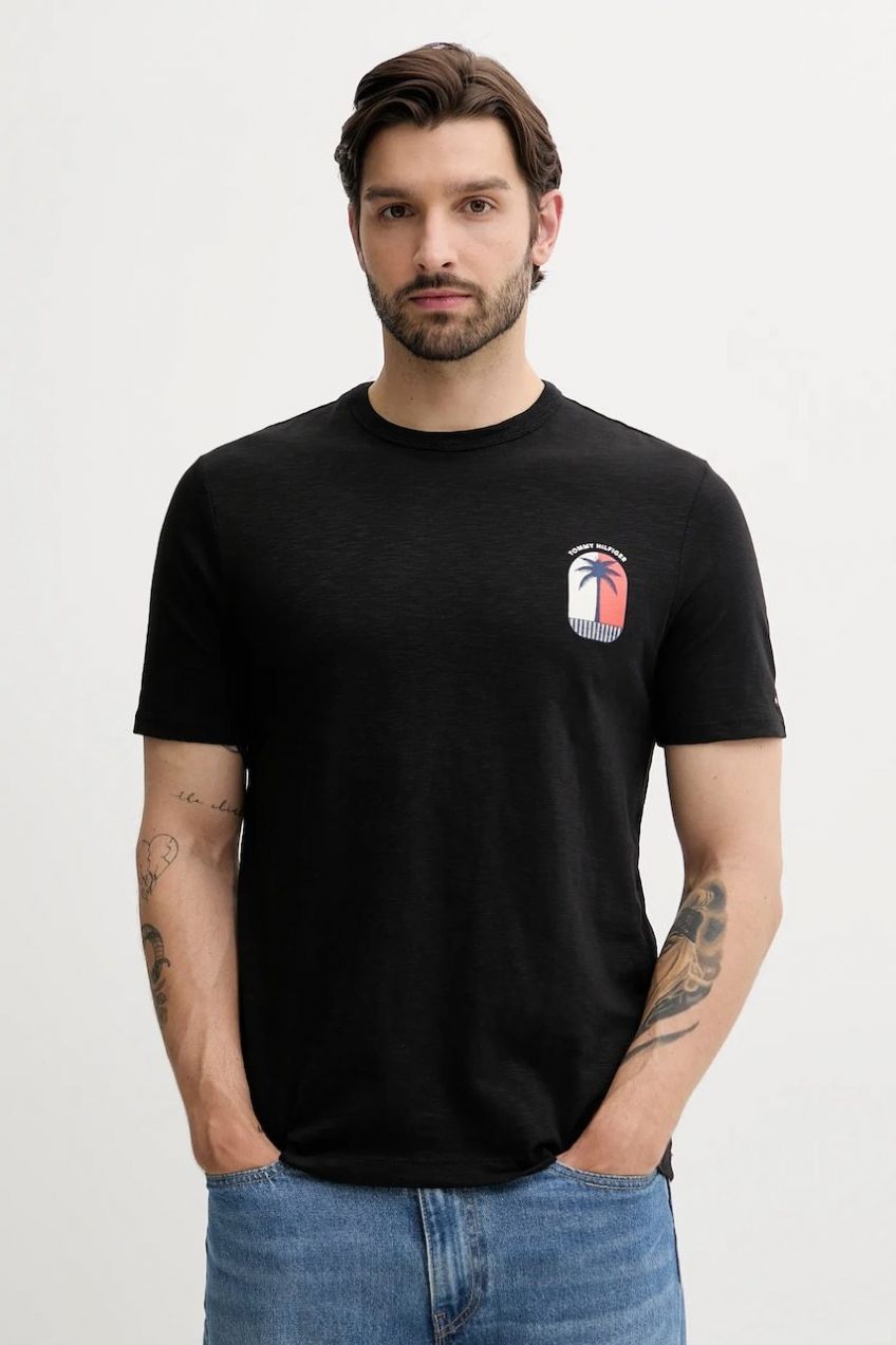 Bavlnené tričko Tommy Hilfiger pánske, čierna farba, s potlačou, MW0MW39354