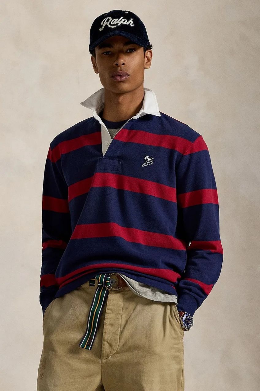Bavlnené polo tričko Polo Ralph Lauren Lsrugbym2 Long Sleeve tmavomodrá farba, vzorovaná, 710972673