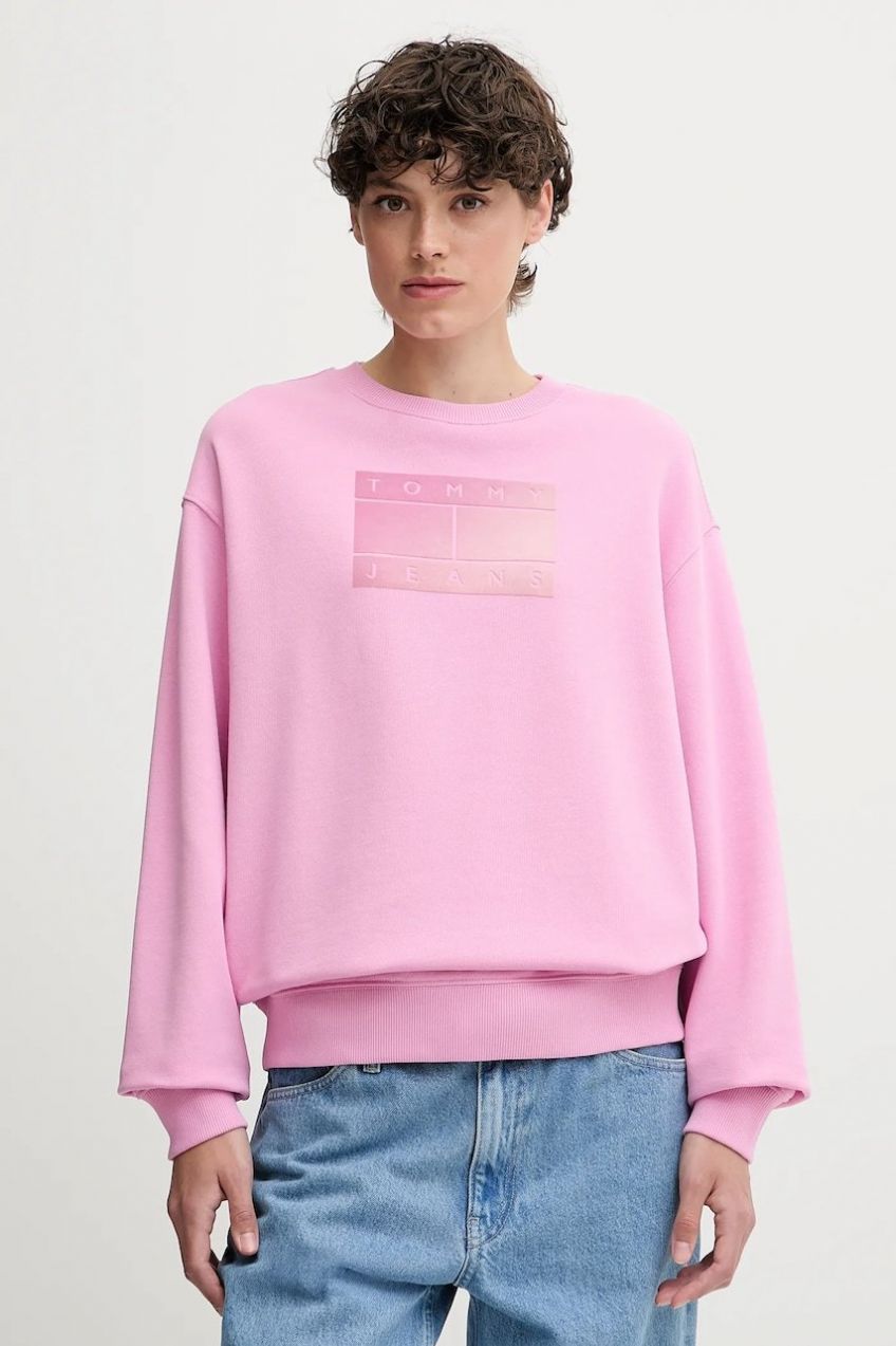 Bavlnená mikina Tommy Jeans ružová farba, vzorovaná, DW0DW21396