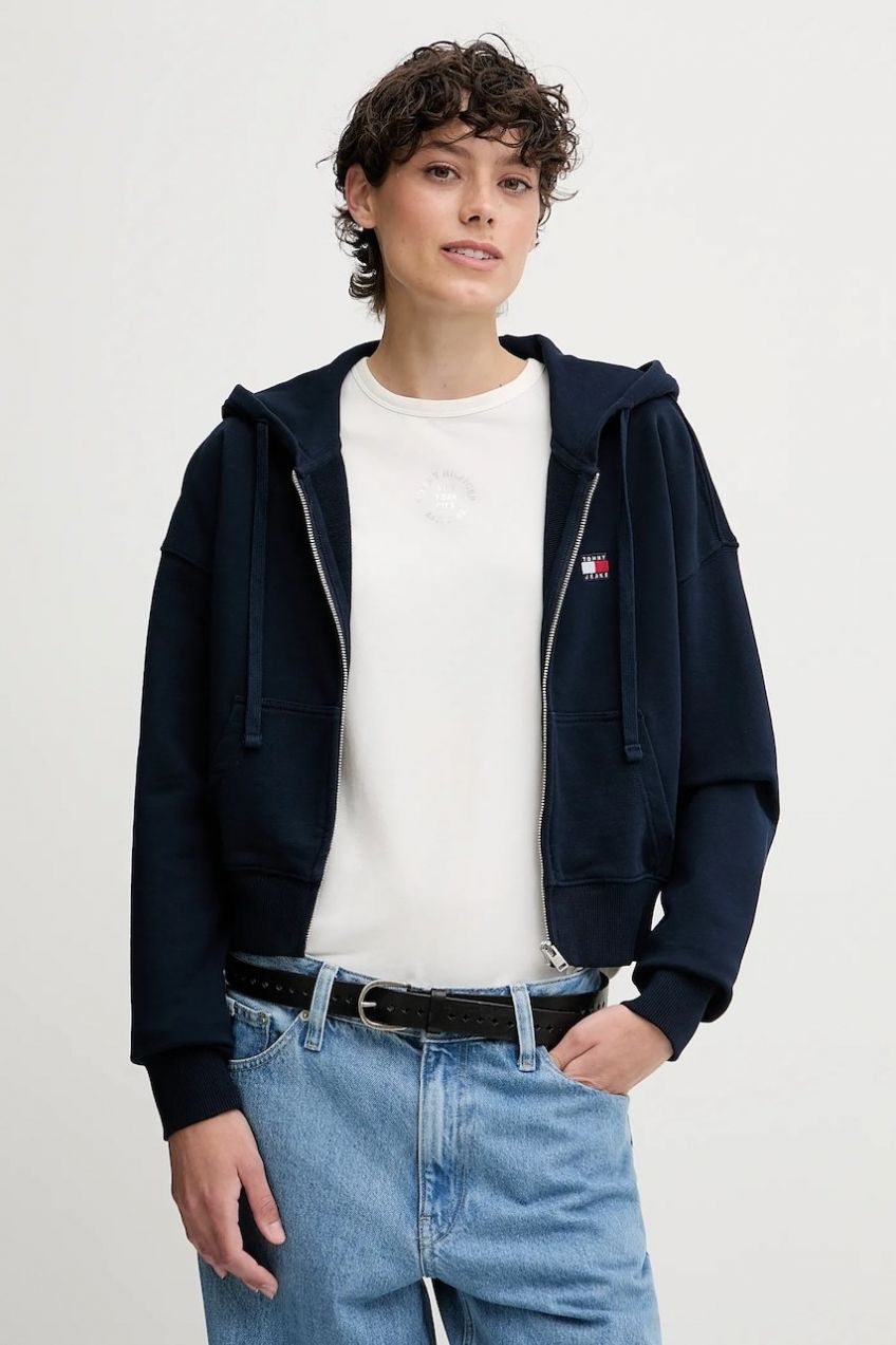 Bavlnená mikina Tommy Jeans tmavomodrá farba, s kapucňou, s nášivkou, DW0DW21147