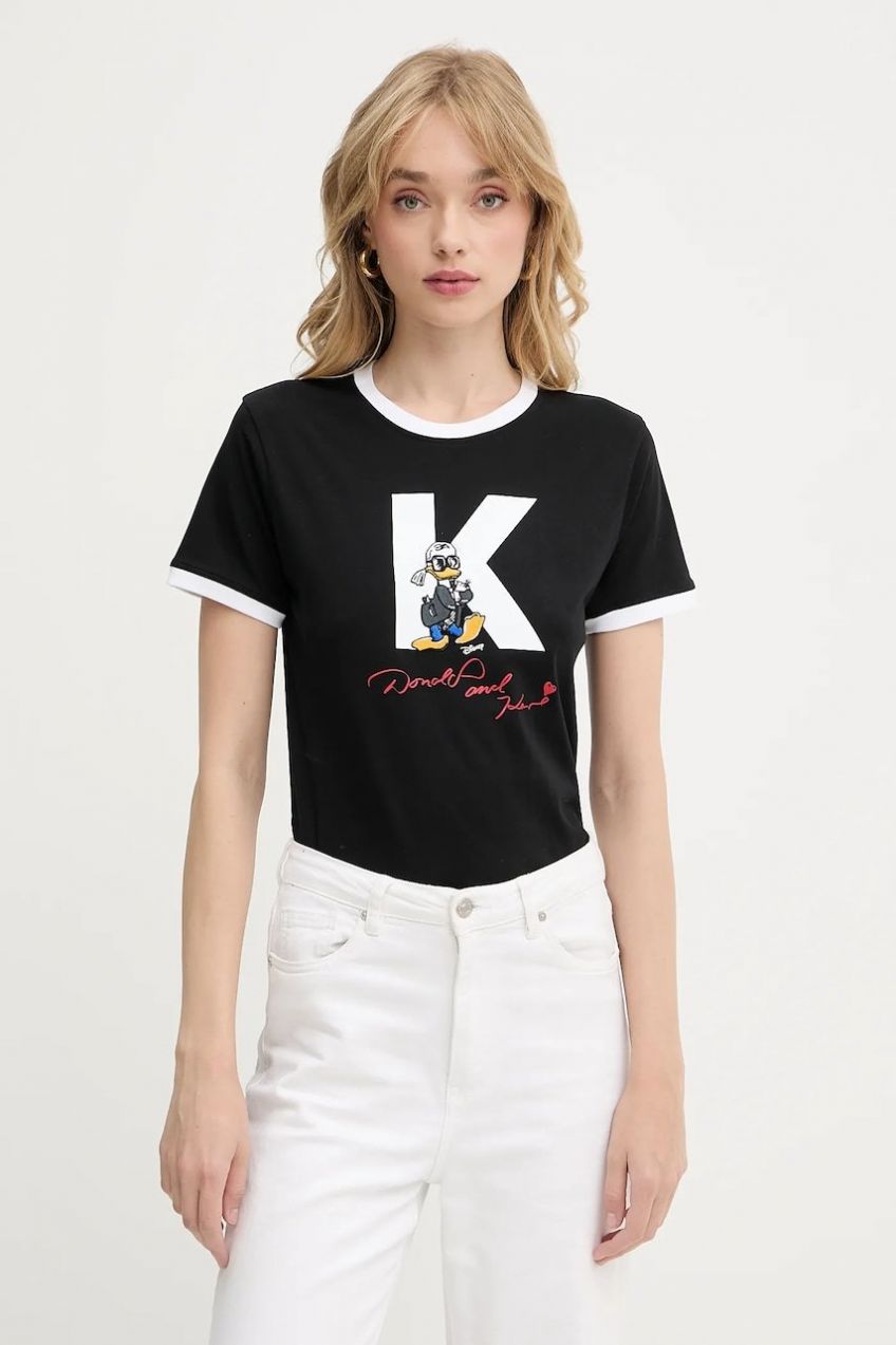 Bavlnené tričko Karl Lagerfeld KL X DISNEY dámske, čierna farba, A3W17089