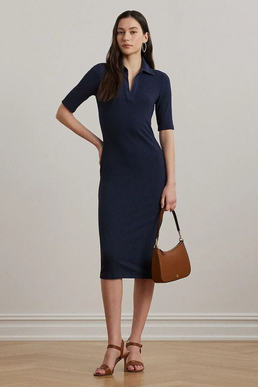 Šaty Lauren Ralph Lauren tmavomodrá farba, midi, priliehavé, 200973609