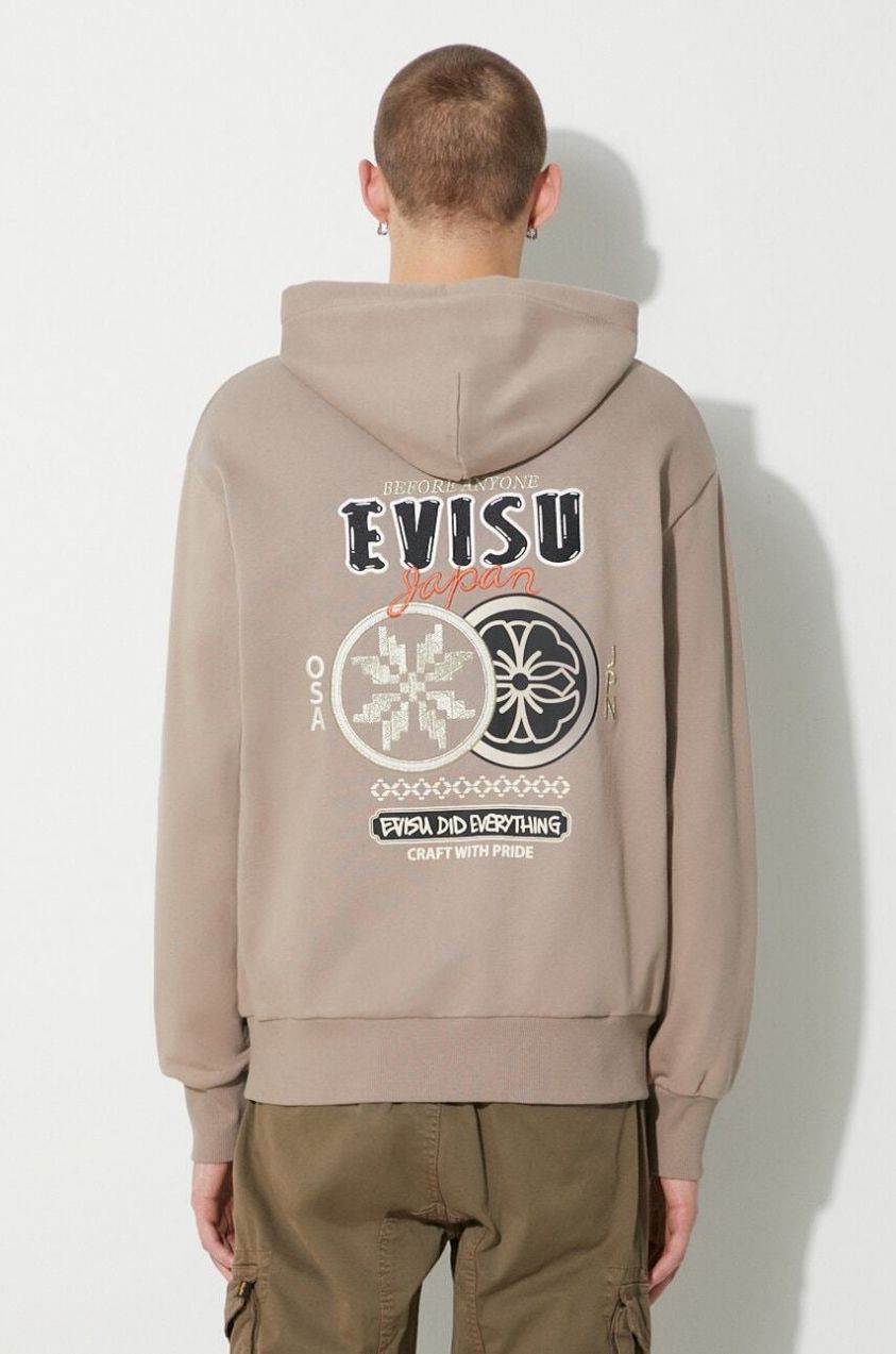 Bavlnená mikina Evisu Double Kamon EMB pánska, béžová farba, s kapucňou, s potlačou, 2EAHTM3SW1076RXCT