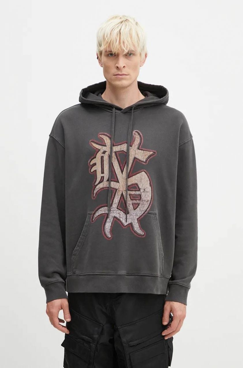 Bavlnená mikina KSUBI Dug Out Biggie Hoodie pánska, šedá farba, s kapucňou, s potlačou, MFA24FL017