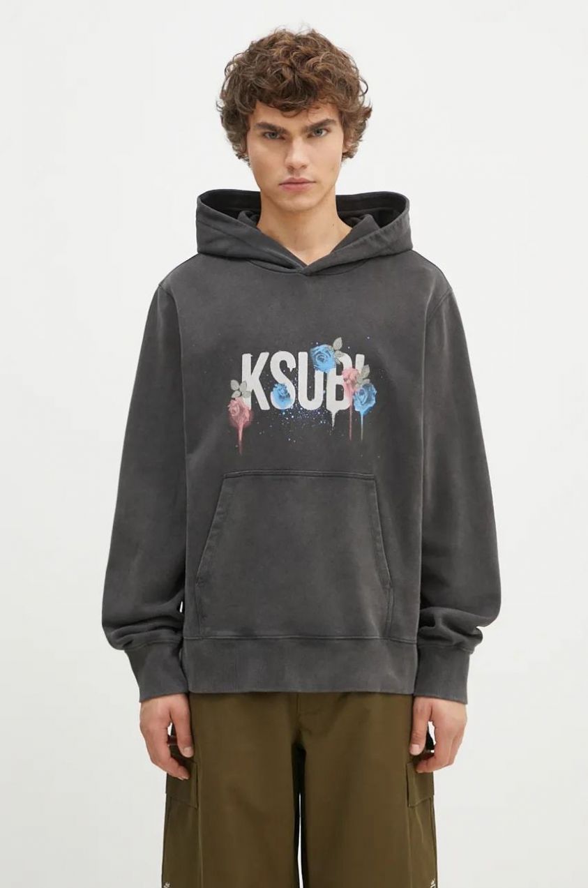 Bavlnená mikina KSUBI Graff Rose Kash Hoodie pánska, šedá farba, s kapucňou, s potlačou, MPF24FL010