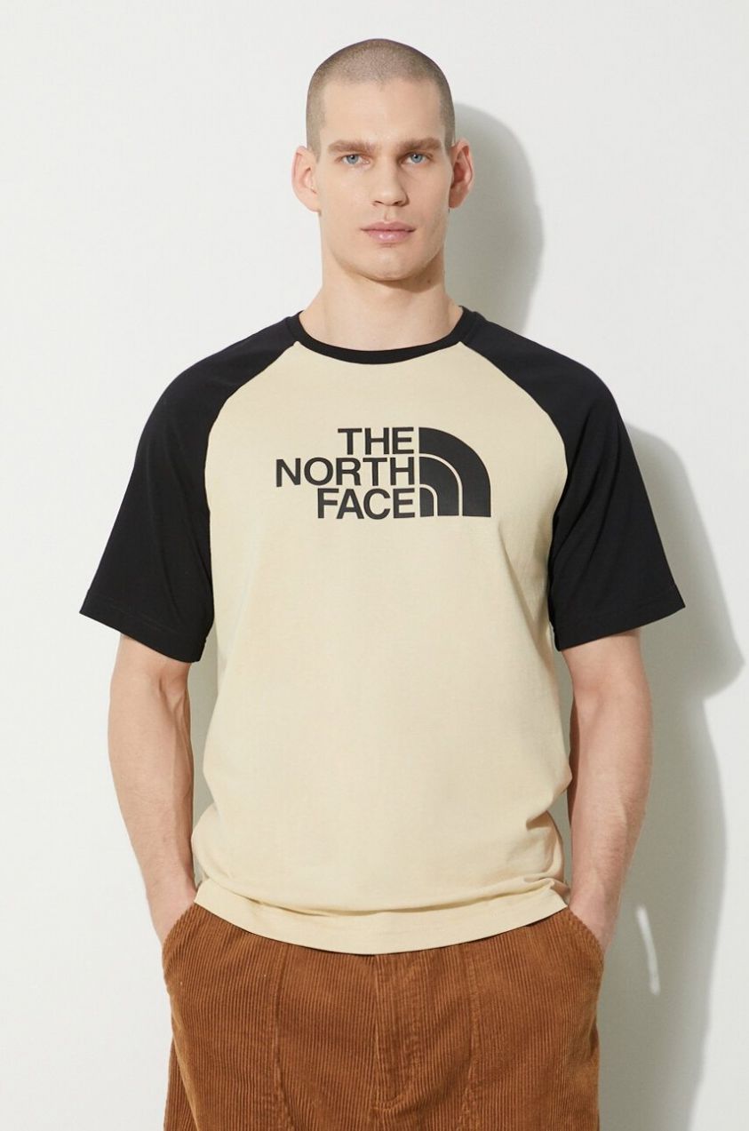 Bavlnené tričko The North Face M S/S Raglan Easy Tee pánske, béžová farba, vzorované, NF0A87N73X41
