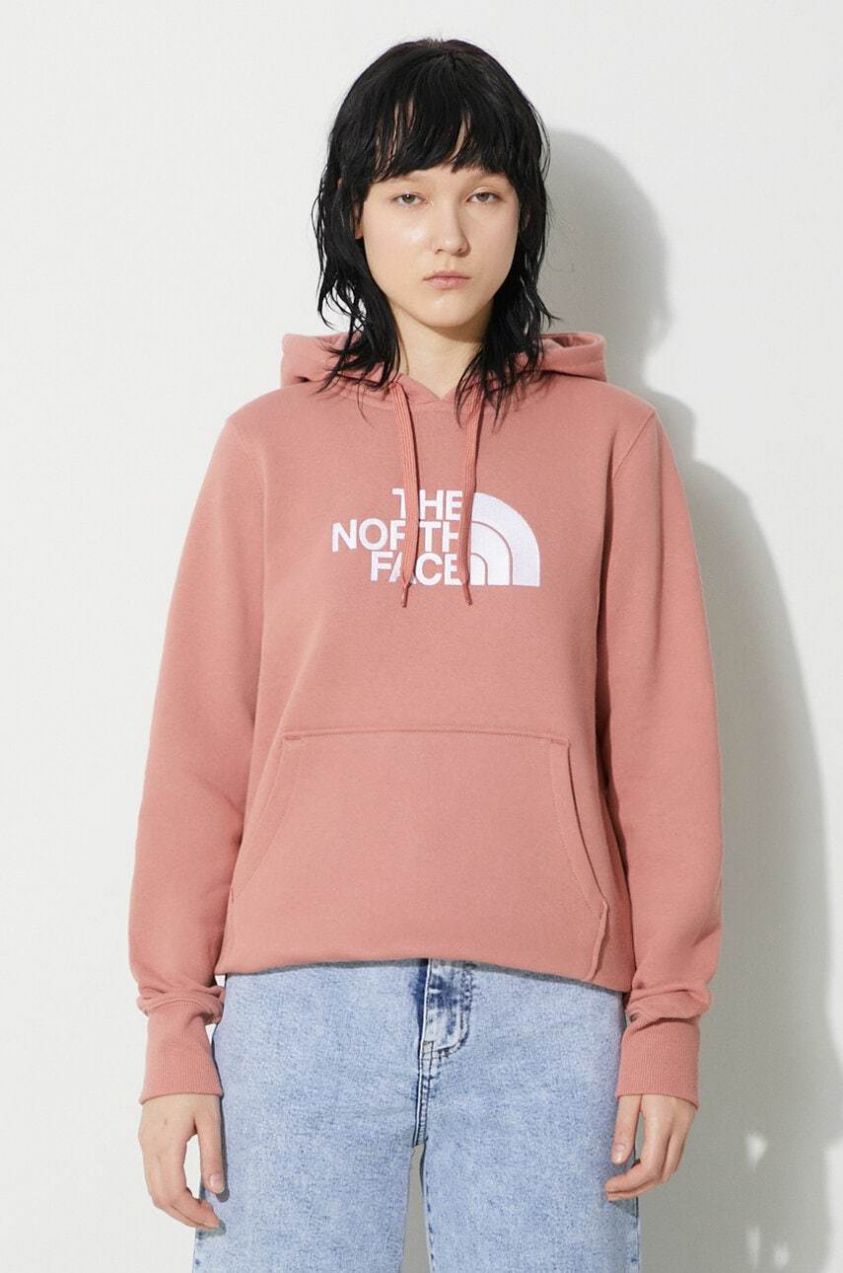 Bavlnená mikina The North Face W Drew Peak Pullover Hoodie dámska, ružová farba, s kapucňou, NF0A55ECNXQ1