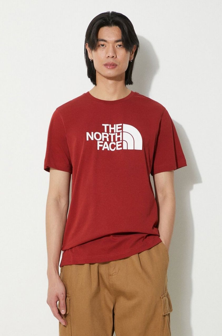 Bavlnené tričko The North Face M S/S Easy Tee pánske, bordová farba, s potlačou, NF0A87N5POJ1