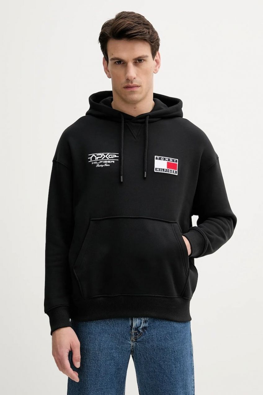 Bavlnená mikina Tommy Hilfiger x F1 THE MOVIE čierna farba, s kapucňou, s nášivkou, MW0MW41386