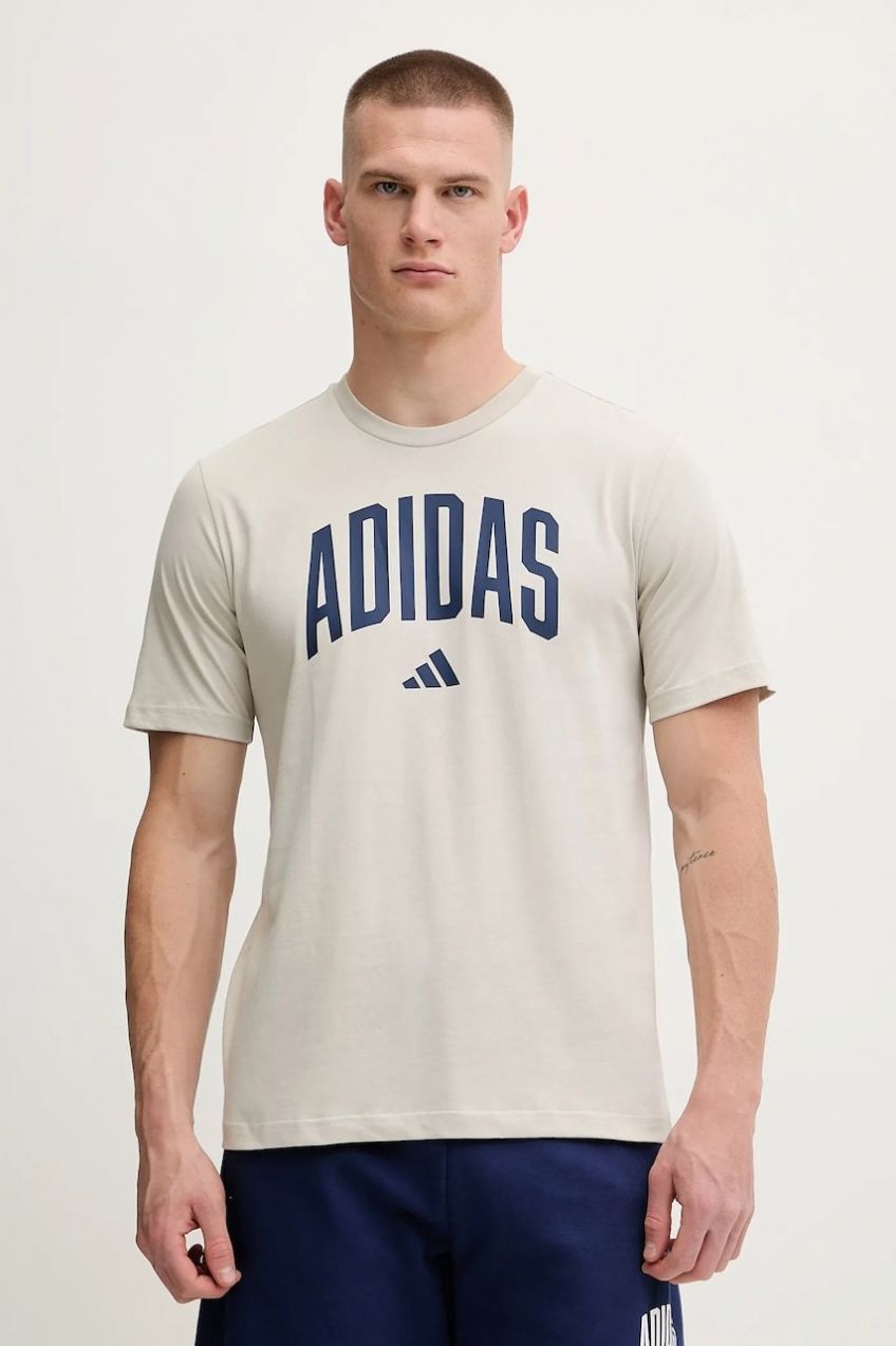 Bavlnené tričko adidas Collegiate pánske, béžová farba, s potlačou, JM6415