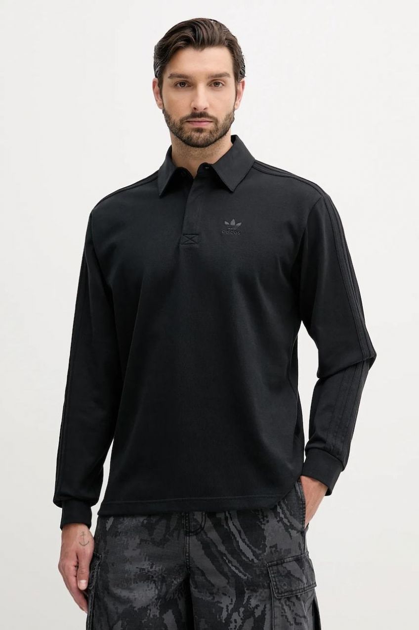 Bavlnené tričko s dlhým rukávom adidas Originals Rugby Polo čierna farba, jednofarebné, JY1401