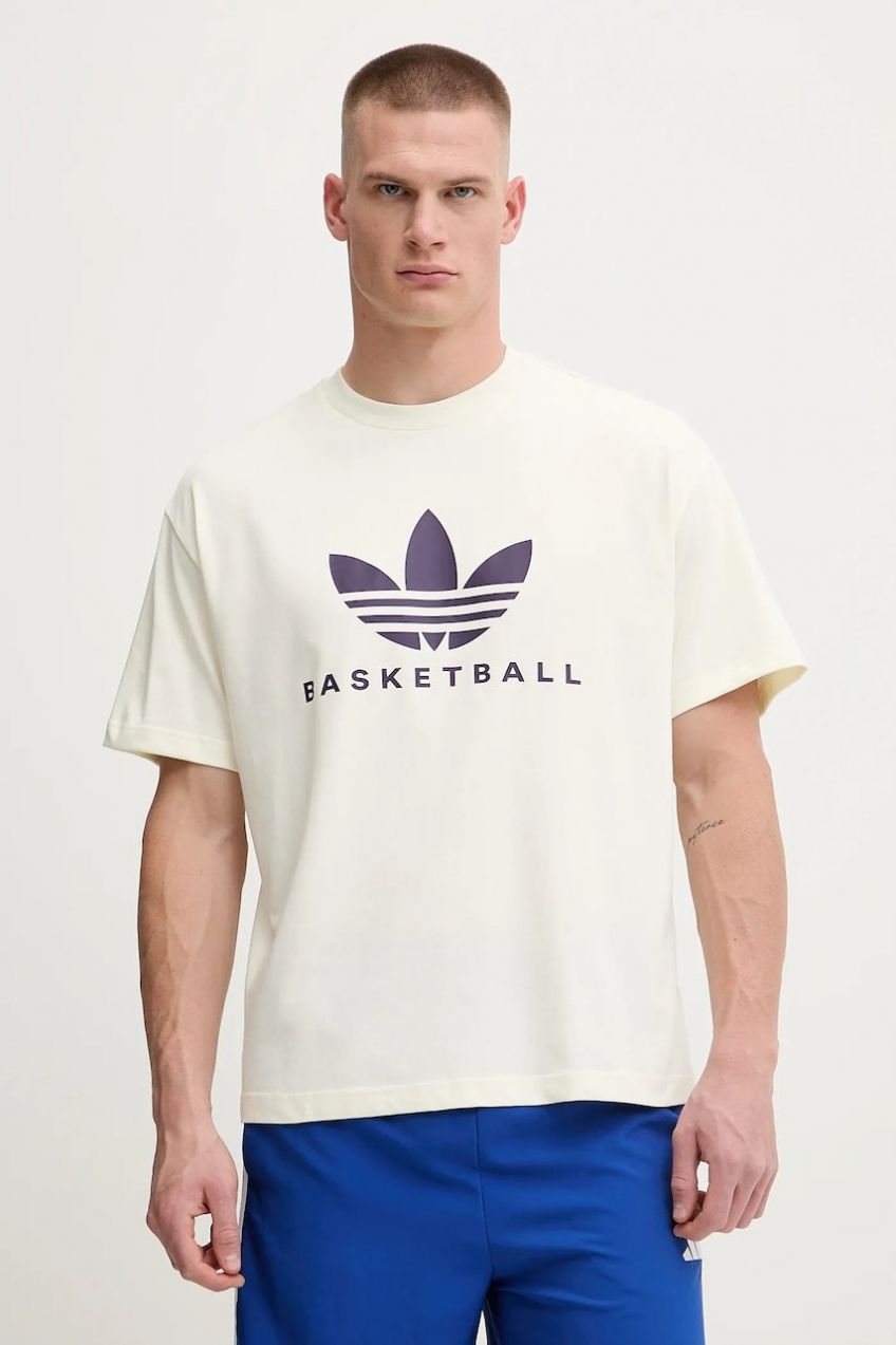 Tričko adidas Originals Originals Basketball Courtside Tee pánske, béžová farba, s potlačou, JW6640