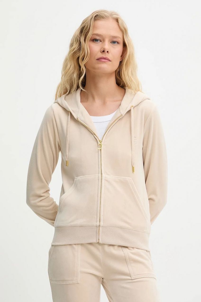 Mikina Juicy Couture ROBERTSON HOODIE béžová farba, s kapucňou, s nášivkou, JCAP176G