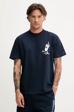 Bavlnené tričko Tommy Jeans pánske, tmavomodrá farba, vzorované, DM0DM21830