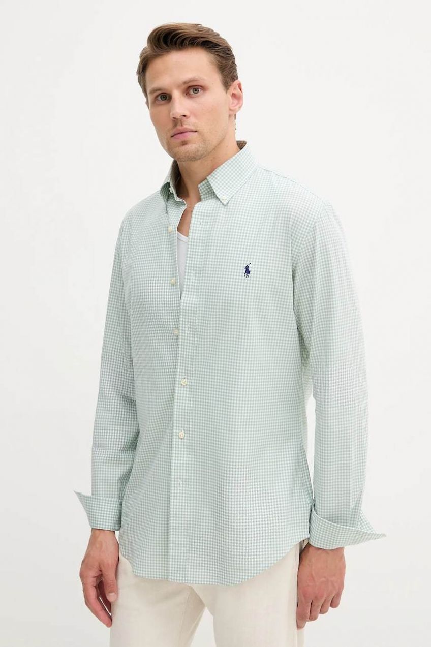 Bavlnená košeľa Polo Ralph Lauren zelená farba, slim, s golierom button-down, 710929347