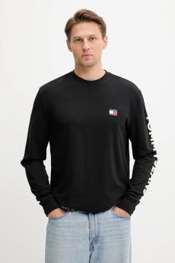 Bavlnené tričko s dlhým rukávom Tommy Jeans čierna farba, jednofarebné, DM0DM21591