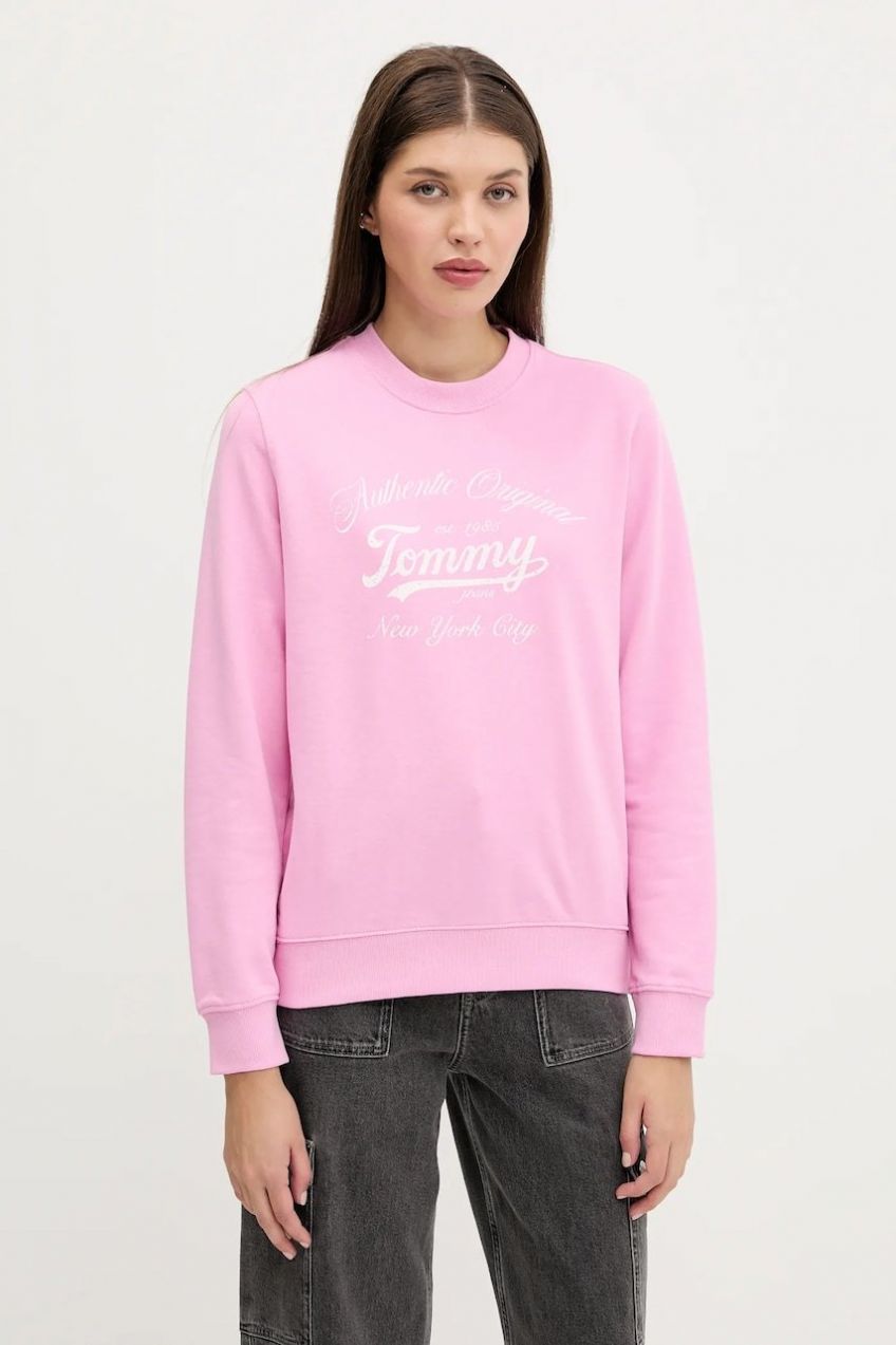 Bavlnená mikina Tommy Jeans ružová farba, s potlačou, DW0DW20942