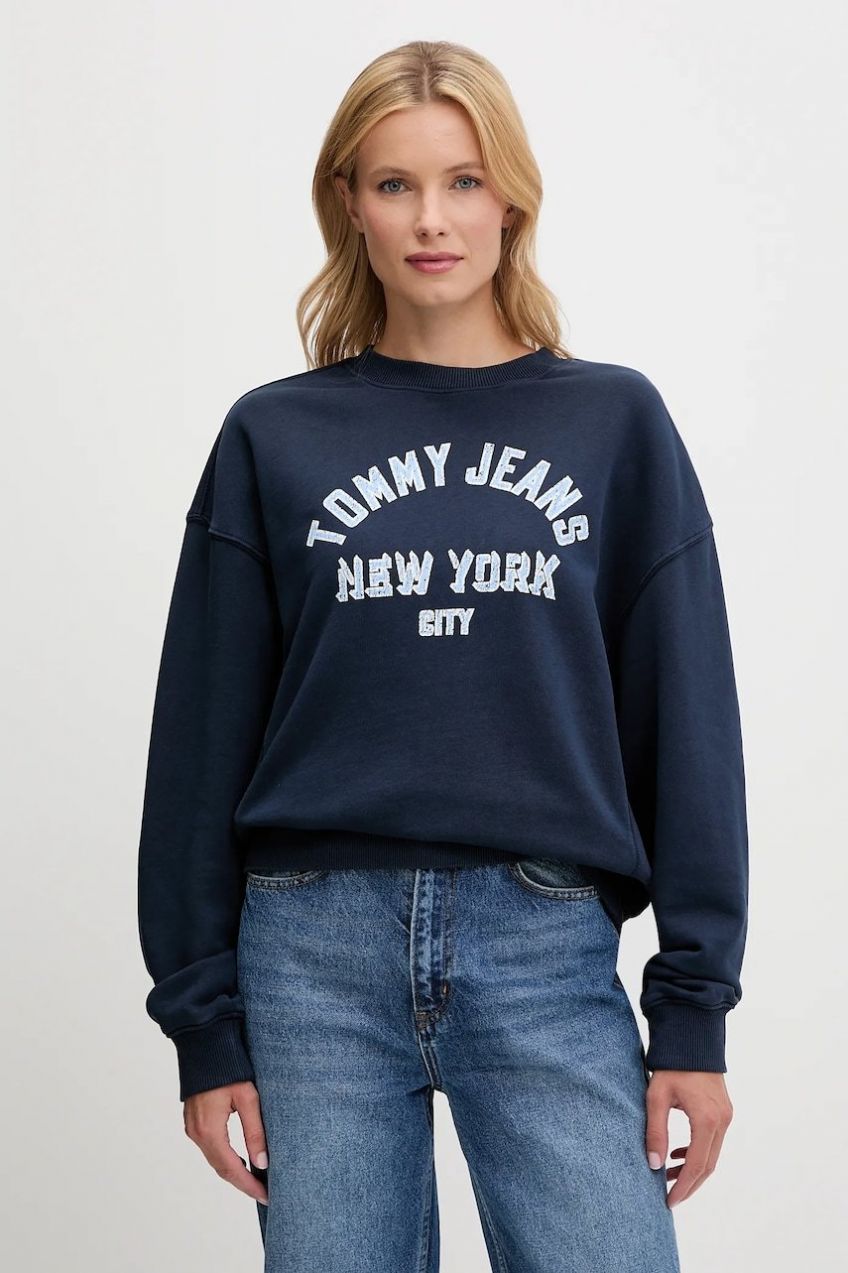 Bavlnená mikina Tommy Jeans tmavomodrá farba, s potlačou, DW0DW21202