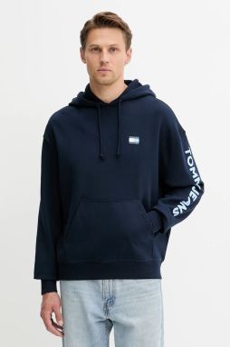 Bavlnená mikina Tommy Jeans tmavomodrá farba, s kapucňou, s potlačou, DM0DM21834