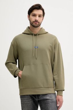 Bavlnená mikina Hugo Blue béžová farba, s kapucňou, jednofarebná