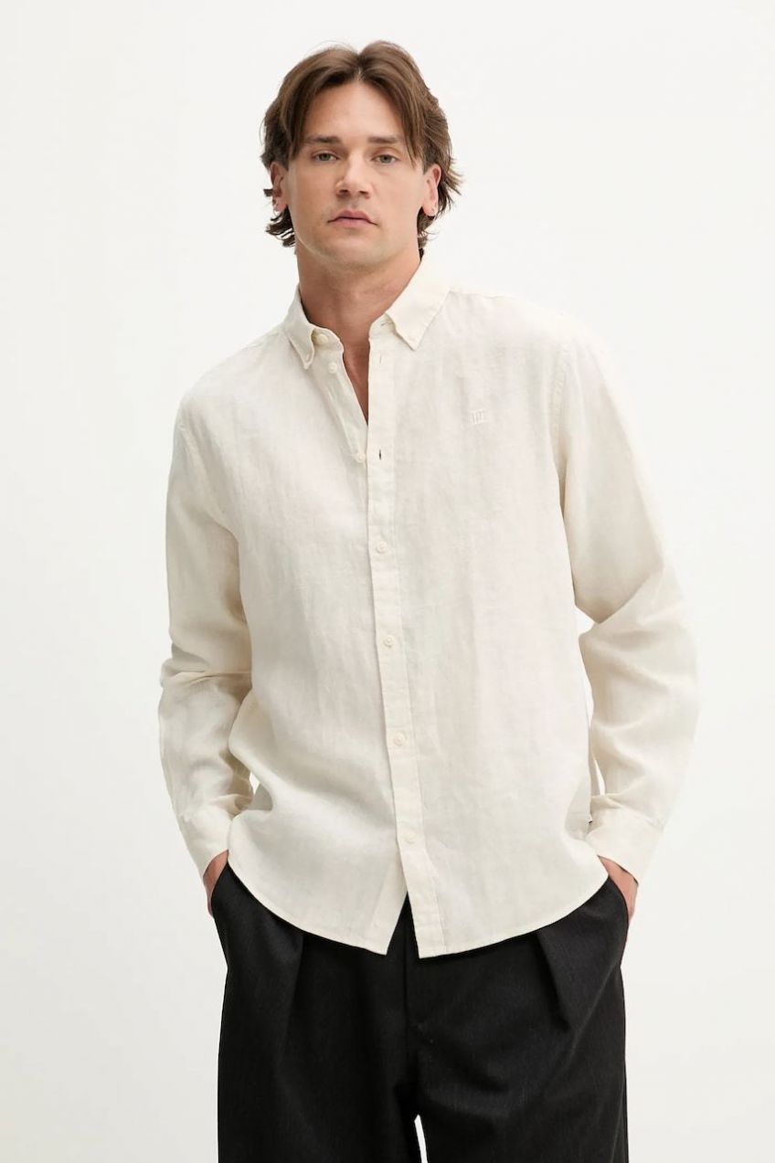 Ľanová košeľa Les Deux Konrad béžová farba, regular, s golierom button-down, 1000001