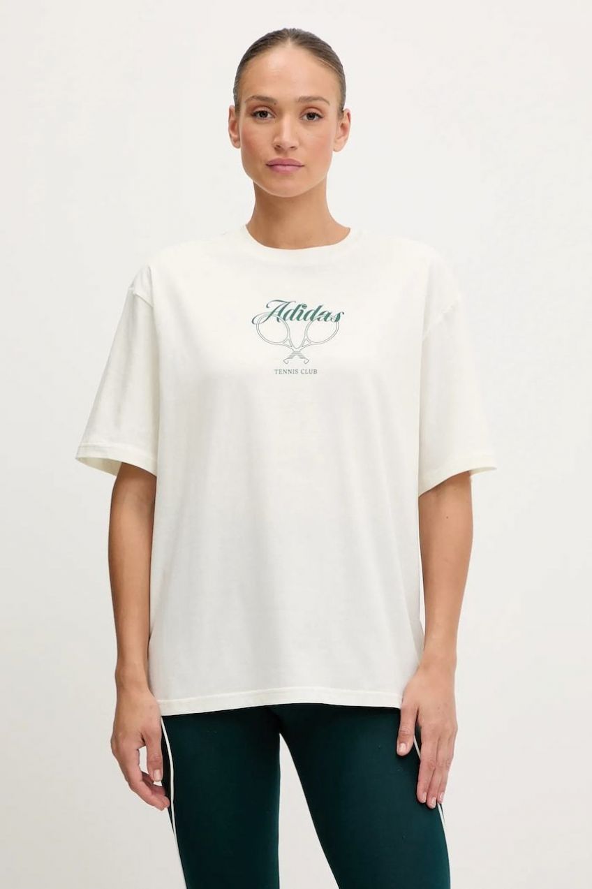 Bavlnené tričko adidas Country Club Graphic T-Shirt dámske, béžová farba, KB2491