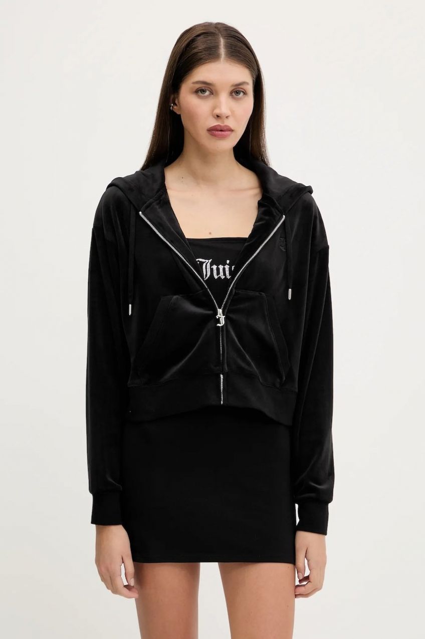 Velúrová mikina Juicy Couture BRENDAL CROP OVERSIZED HOODIE čierna farba, s kapucňou, jednofarebná, JCBAS225801
