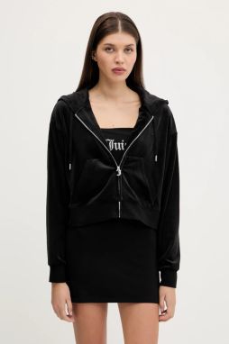 Velúrová mikina Juicy Couture BRENDAL CROP OVERSIZED HOODIE čierna farba, s kapucňou, jednofarebná, JCBAS225801