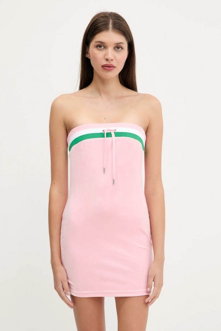 Zamatové šaty Juicy Couture VELOUR STRIPE TUBE DRESS ružová farba, mini, priliehavé, JCWED225353