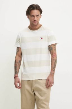 Bavlnené tričko Tommy Jeans pánske, béžová farba, vzorované, DM0DM20766