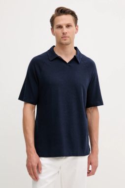 Ľanové polo United Colors of Benetton tmavomodrá farba, jednofarebné, 3UTFU302A