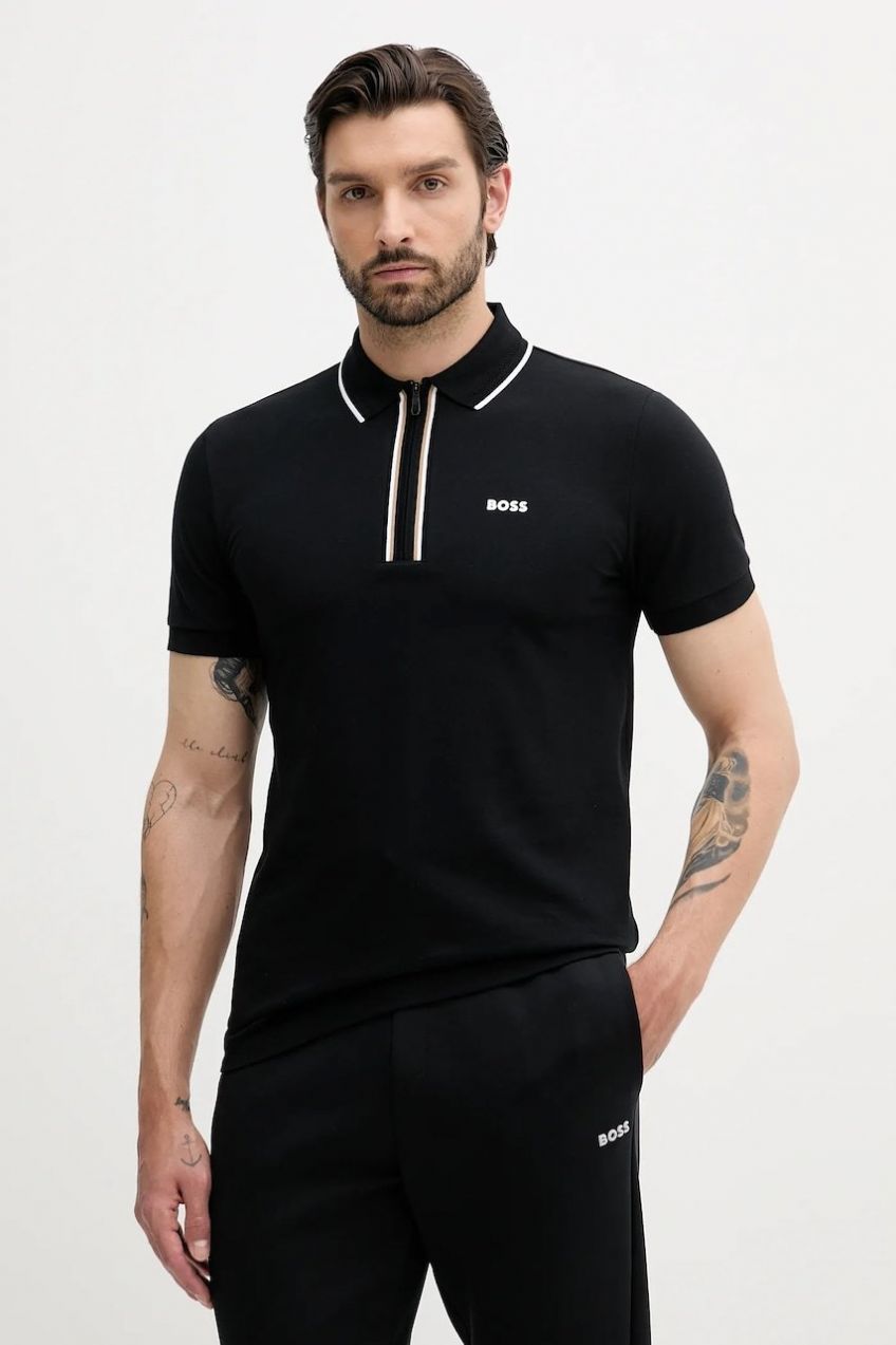 Polo tričko BOSS Green pánske, čierna farba, s nášivkou, 50544450