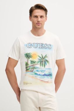 Bavlnené tričko Guess pánske, béžová farba, vzorované, M5YI38 KBW41