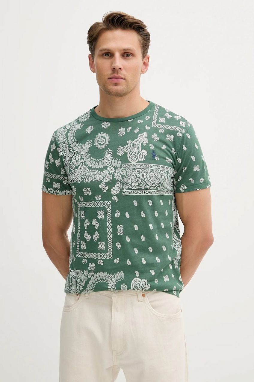 Bavlnené tričko Polo Ralph Lauren pánske, zelená farba, vzorované, 710974593