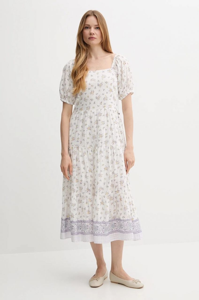 Bavlnené šaty Pepe Jeans biela farba, midi, áčkový strih, PL953759