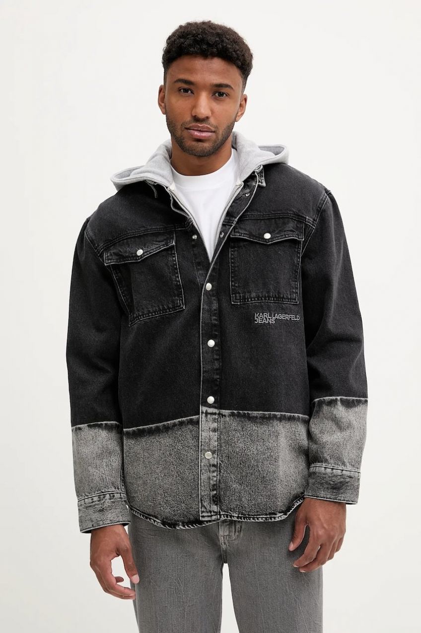 Rifľová košeľa Karl Lagerfeld Jeans čierna farba, voľný strih, s klasickým golierom, A3M16003