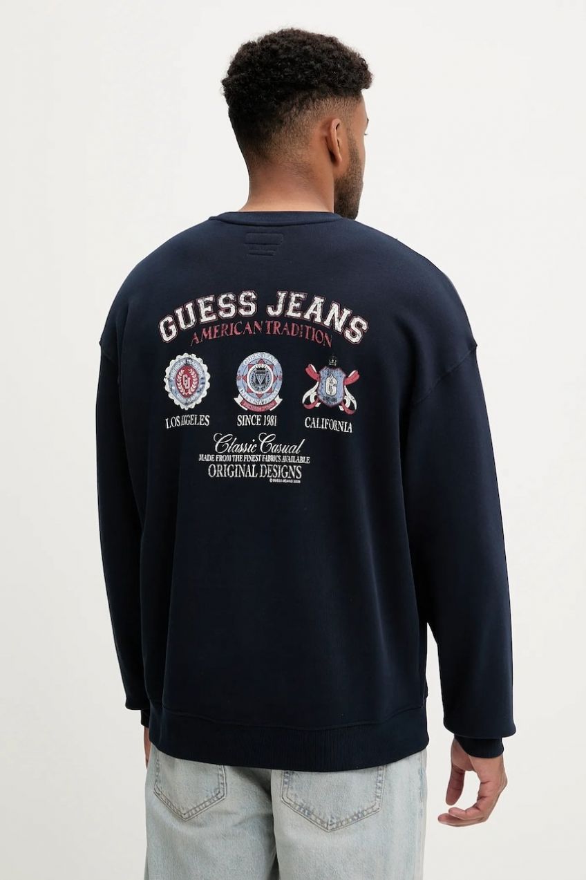 Bavlnená mikina Guess Jeans tmavomodrá farba, s potlačou, M5YQ13 KCPR1