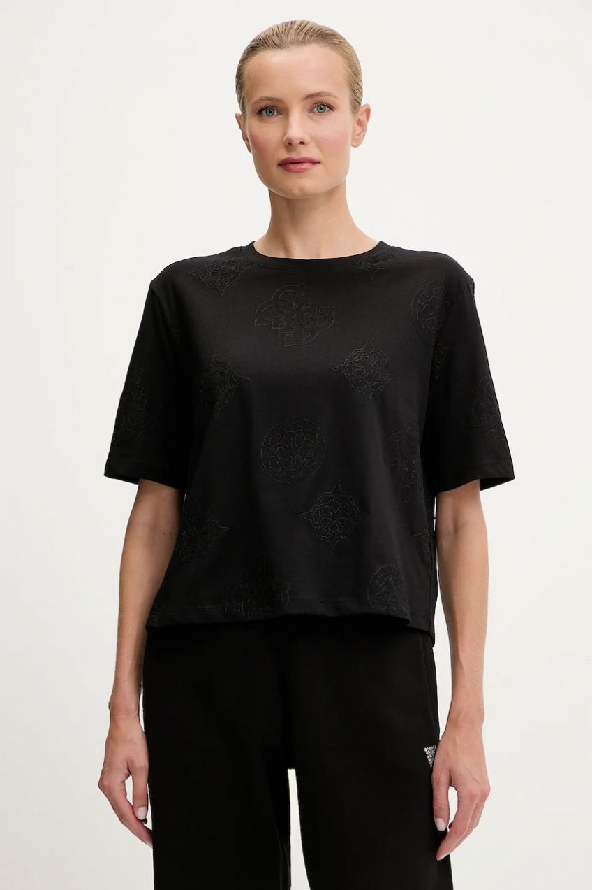 Bavlnené tričko Guess PEONY dámske, čierna farba, V5YI10 I3Z14