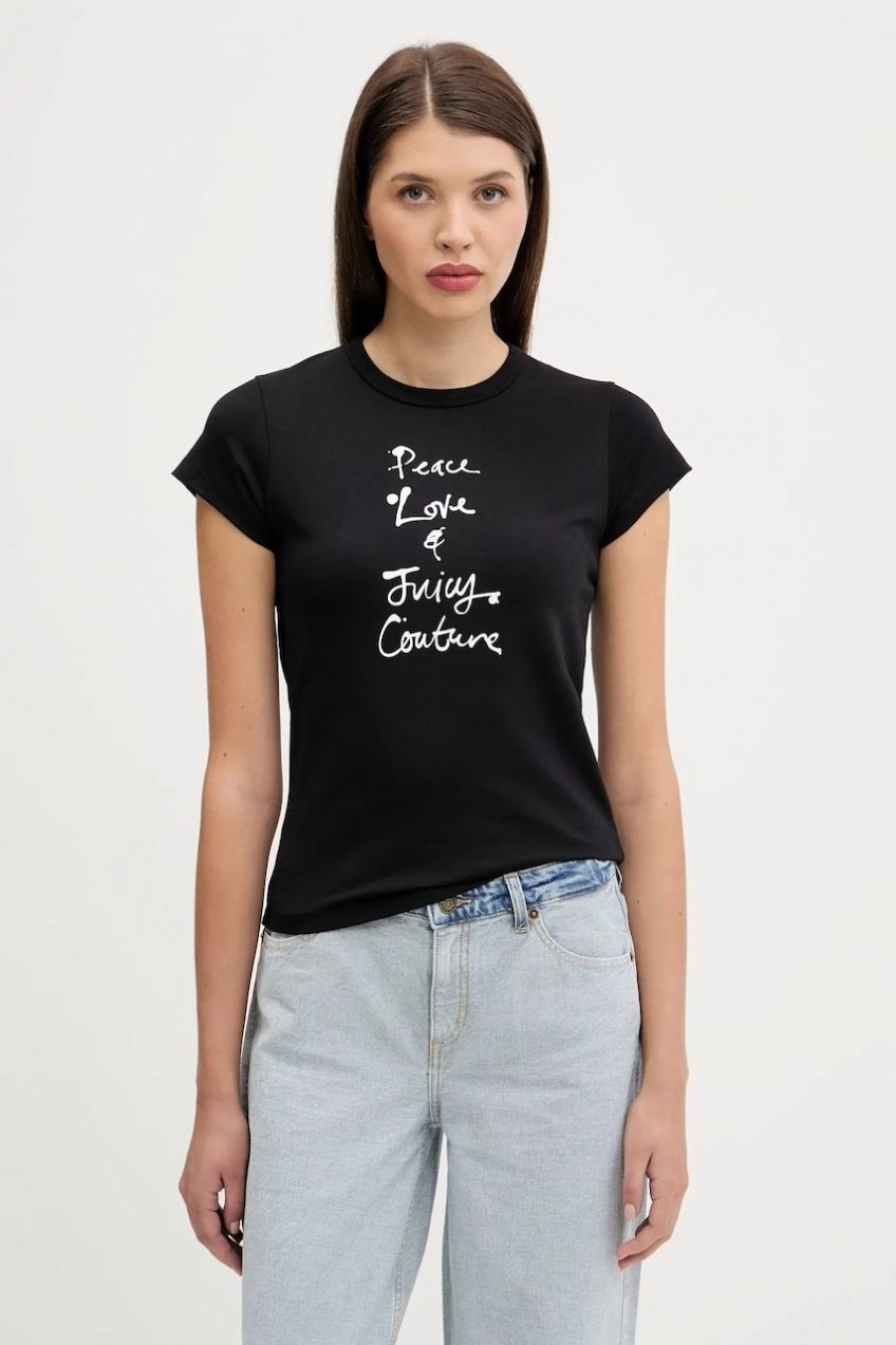 Tričko Juicy Couture PEACE LOVE AND JUICY HILTON T-SHIRT dámske, čierna farba, JCNCT225458