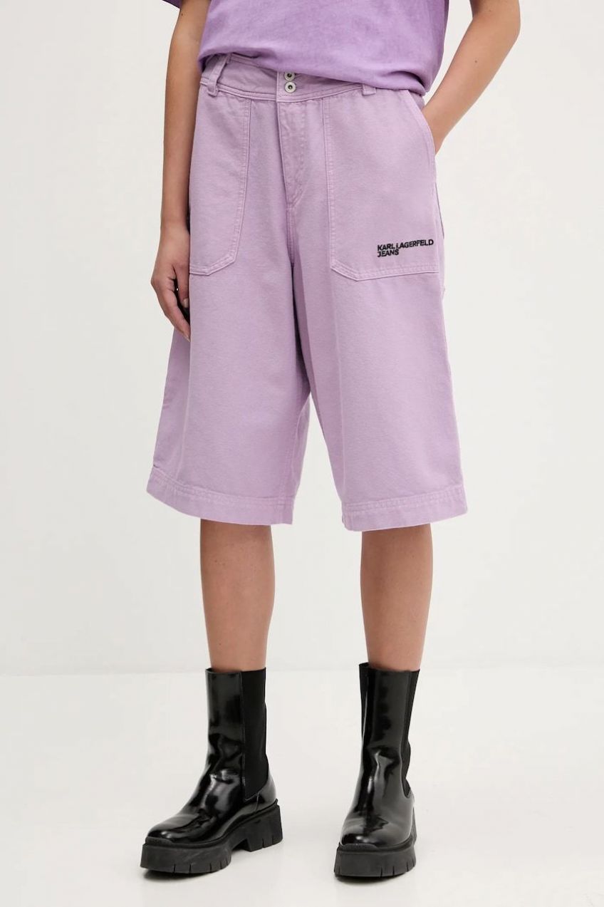 Rifľové krátke nohavice Karl Lagerfeld Jeans fialová farba, jednofarebné, vysoký pás, A3W10127